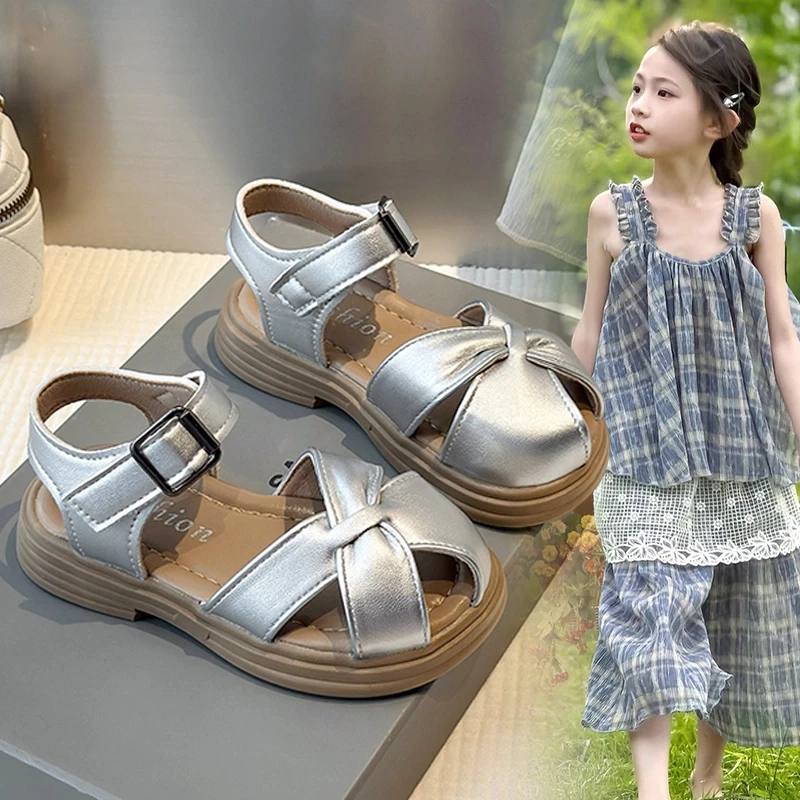 ABC儿童夏季凉鞋2025新款女童韩版银色百搭凉鞋女孩包头防滑鞋子