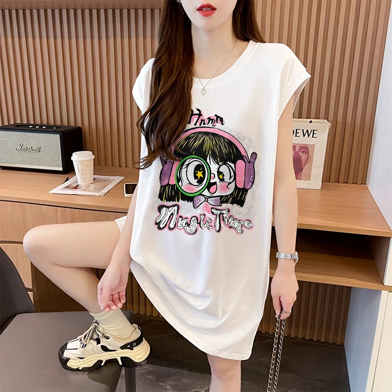 网红洋气炸街无袖背心女夏季韩版宽松中长款设计感卡通印花T恤ins