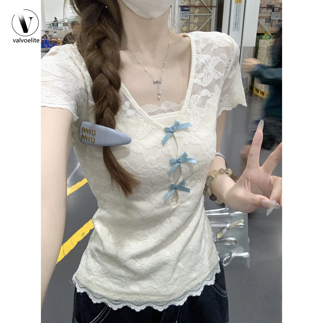 VALVOELITE夏季新款韩版纯欲v领蕾丝抹胸两件韩版V领蕾丝长袖T恤
