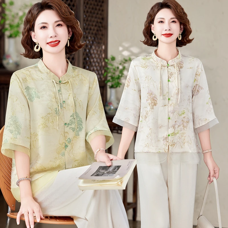 妈妈夏装短袖2025小衫洋气套装新款中老年女装上衣两件套时尚t恤