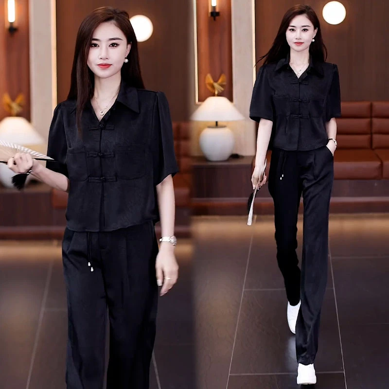 休闲时尚套装女2026夏季新款新中式国风盘扣短袖衬衫阔腿裤两件套