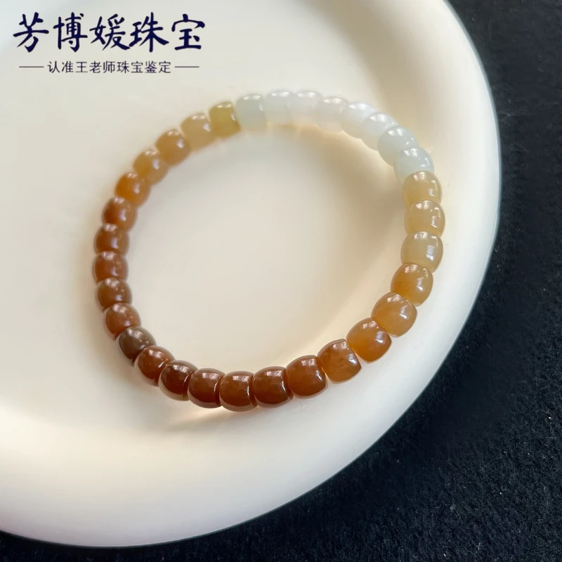 C067天然正宗和田玉糖玉7*6mm渐变手串 极限弧工艺 多样性发其一