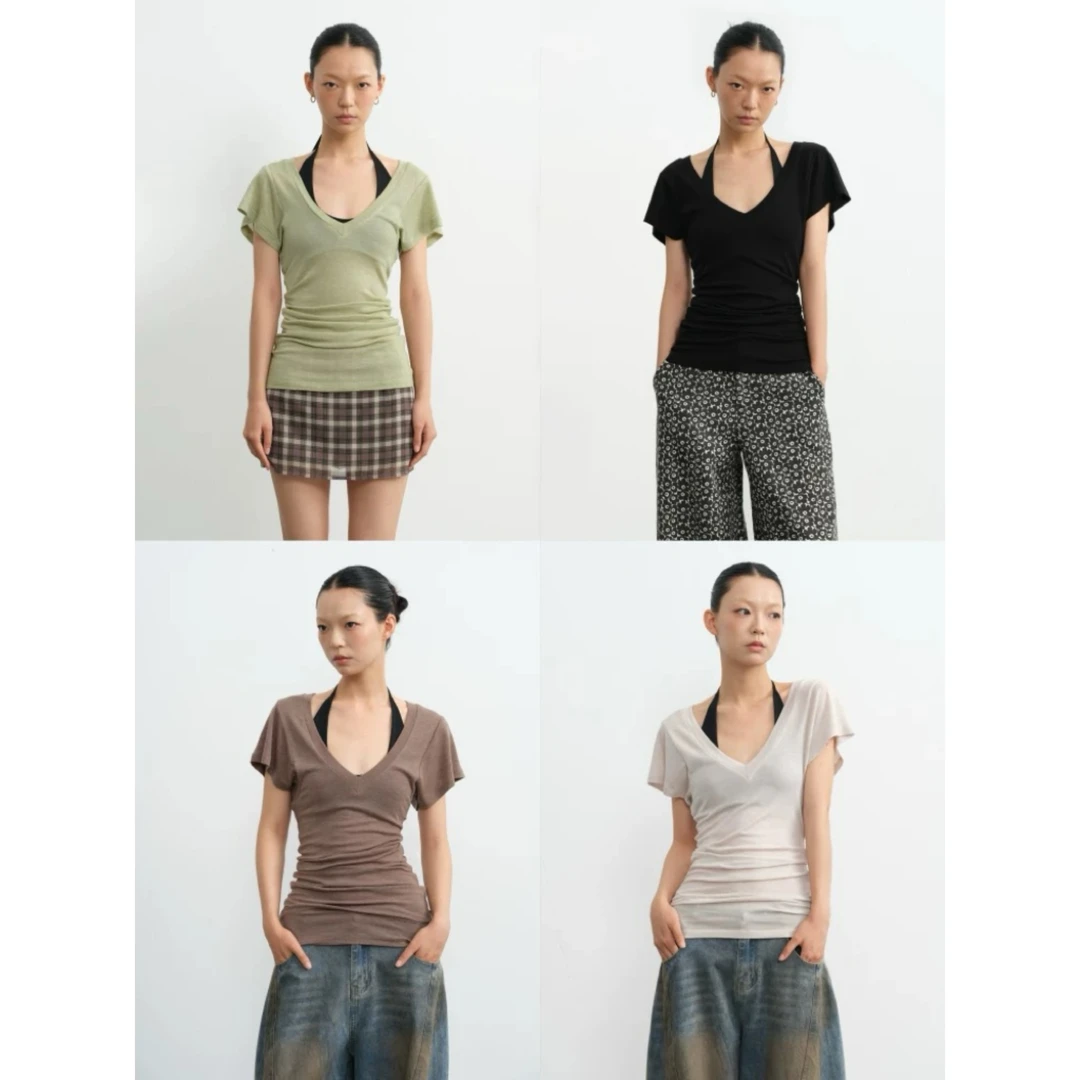 LINY LIBERTY  25SS  设计感纯色V领短袖T恤E16258934