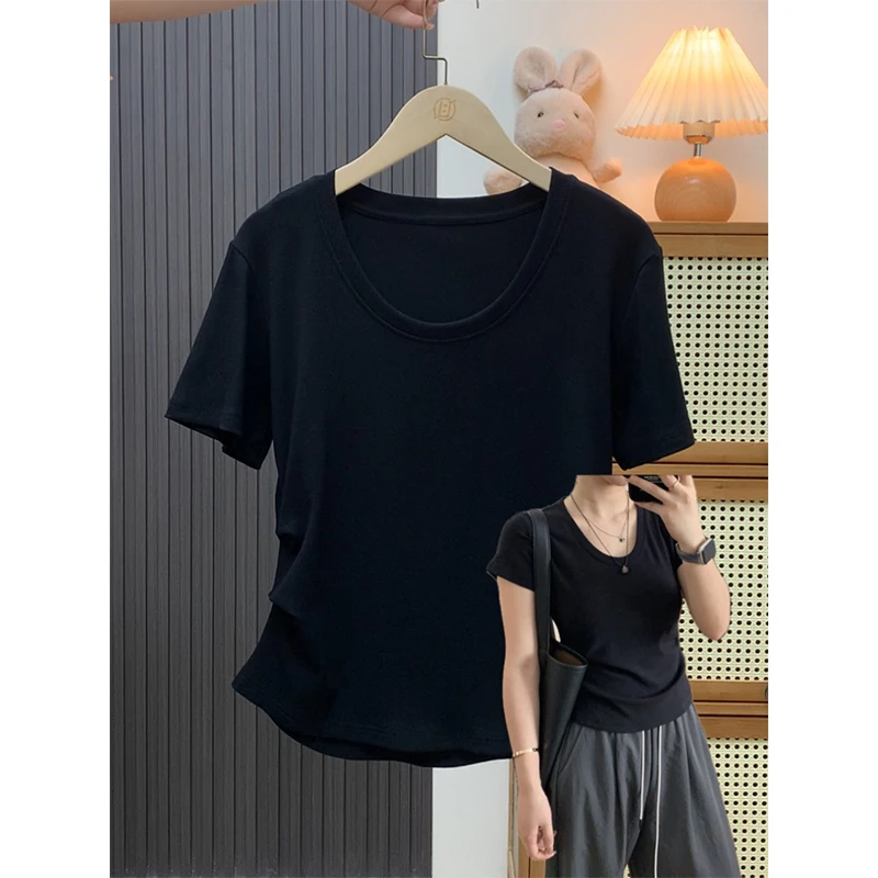 大码200斤时尚chic气质U领掐腰正肩显瘦短袖t恤女夏季百搭上衣ins