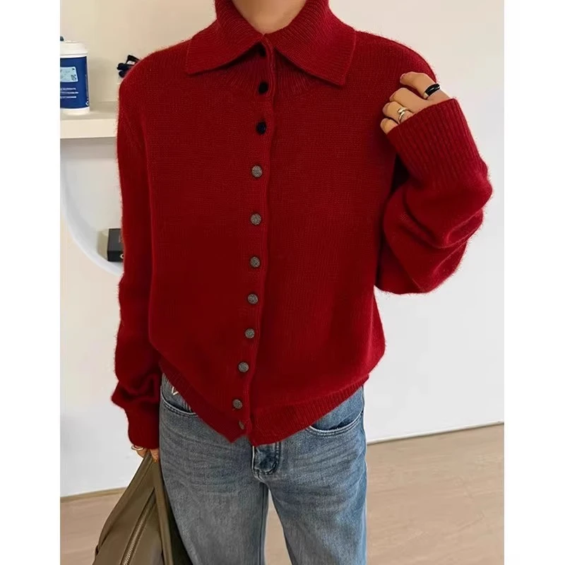 新年红复古时髦翻领单排扣针织衫休闲慵懒长袖上衣洋气舒适女