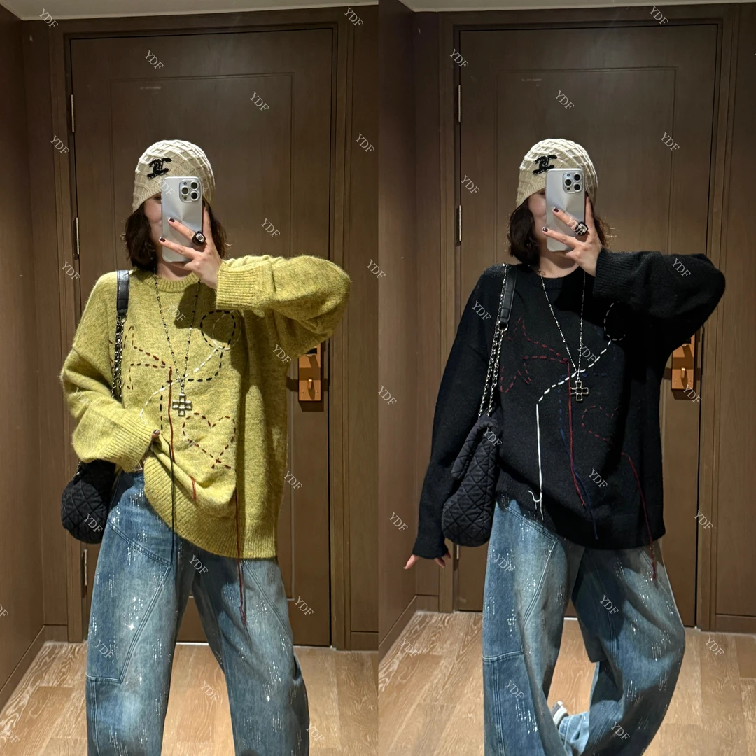 YDFSTUDIO【秋日初醒】欧货高品早秋重工刺绣撞色拼接设计时尚毛衣