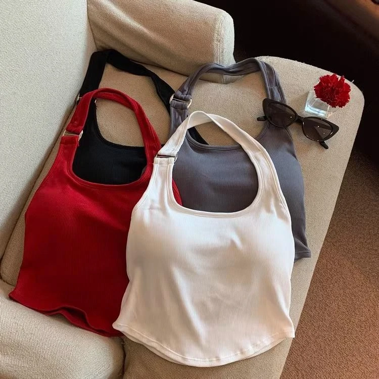 夏季辣妹性感露背挂脖吊带背心女外穿无袖短款设计感修身打底上衣
