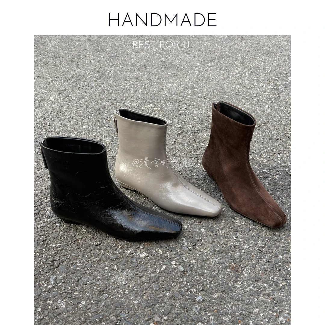漫言町4cm头层牛皮方头法式复古极简风短靴百搭经典粗跟时髦气质