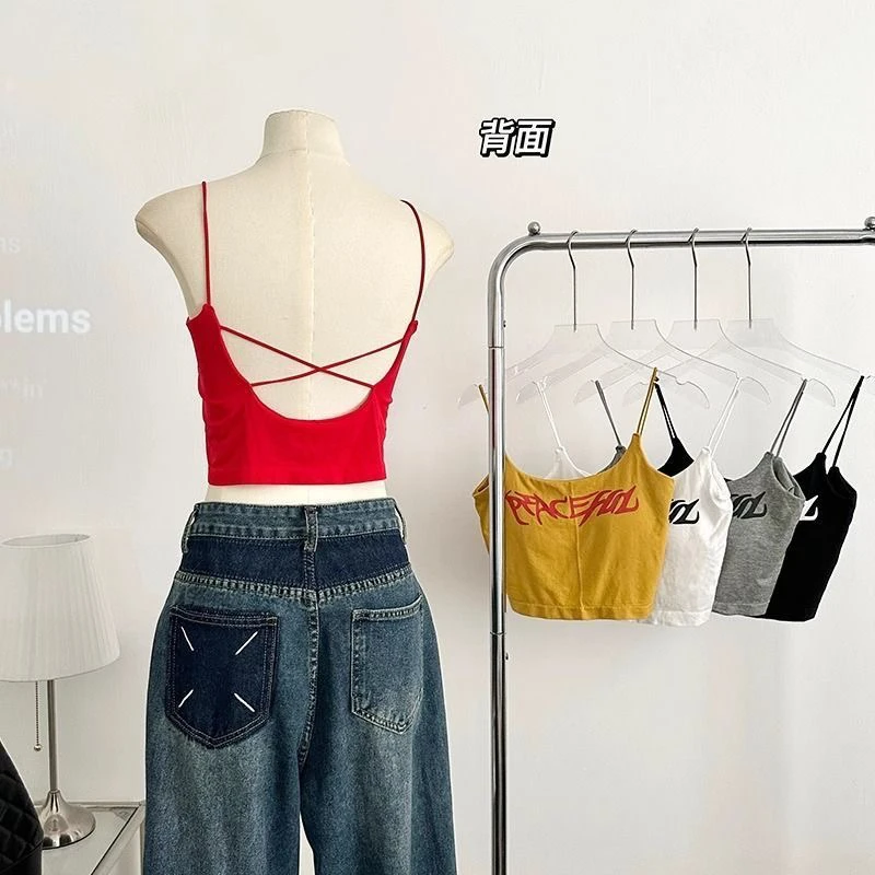 交叉美背款～美式运动带胸垫吊带辣妹露背抹胸