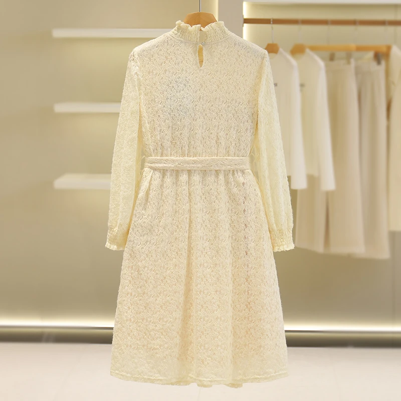 【伍莎-自营】刺绣字母立领绑带蕾丝连衣裙#ZYM48L003