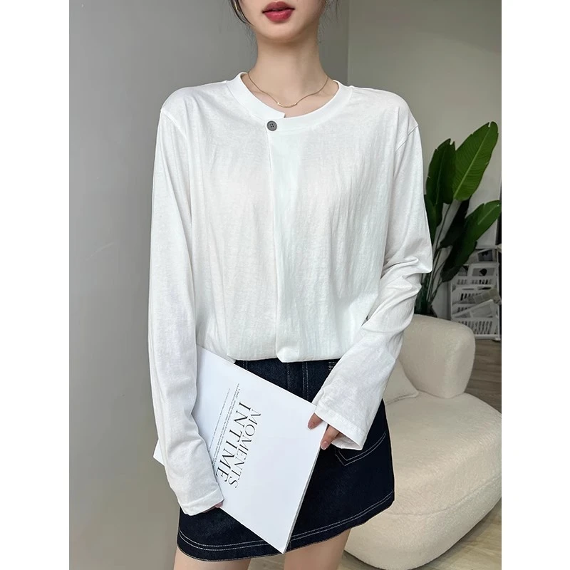 白色长袖女T恤夏季时尚百搭宽松休闲内搭打底衫上衣外穿2025新款