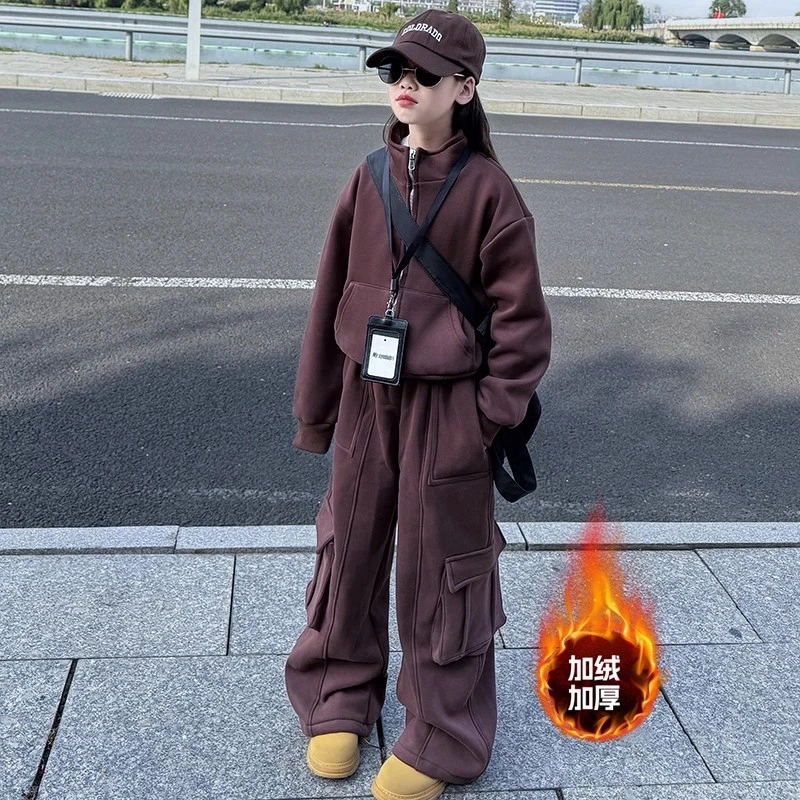 女童冬装韩版休闲工装裤套装2025新款大童洋气儿童加绒加厚两件套