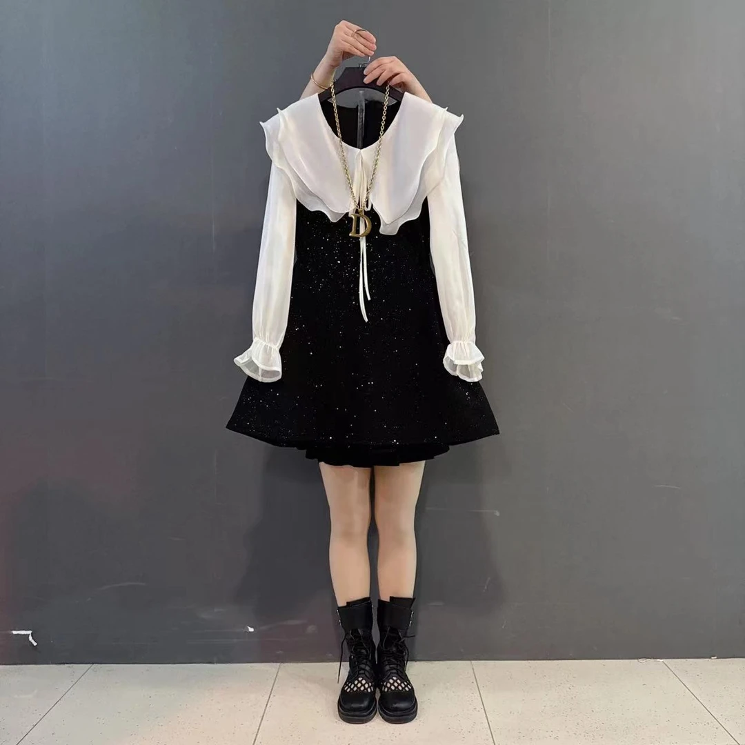 大码女装韩版甜美雪纺拼接亮晶晶假两件胖MM连衣裙