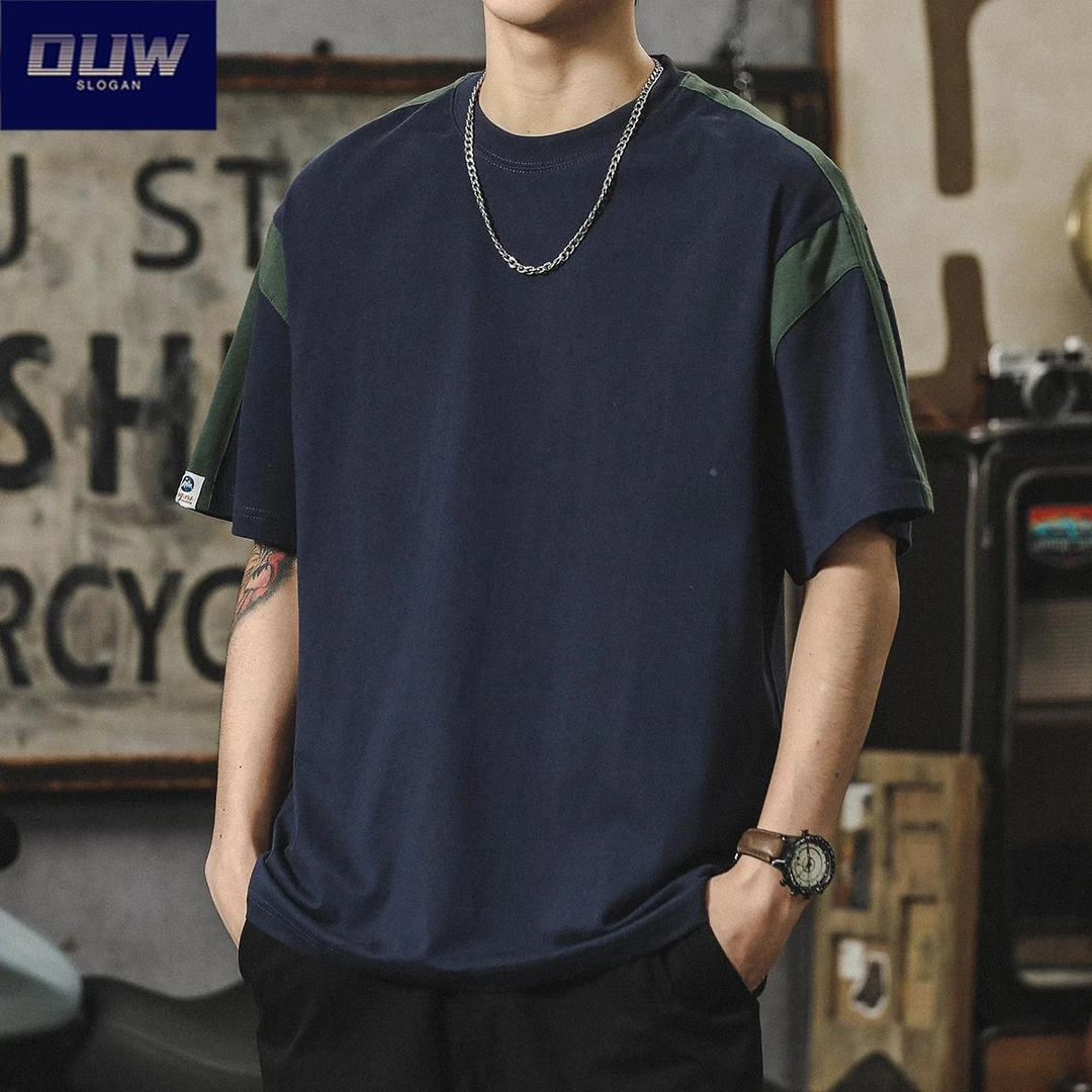 O.U.W美式潮牌短袖t恤男士夏季小众拼接落肩纯棉宽松大码半袖体恤