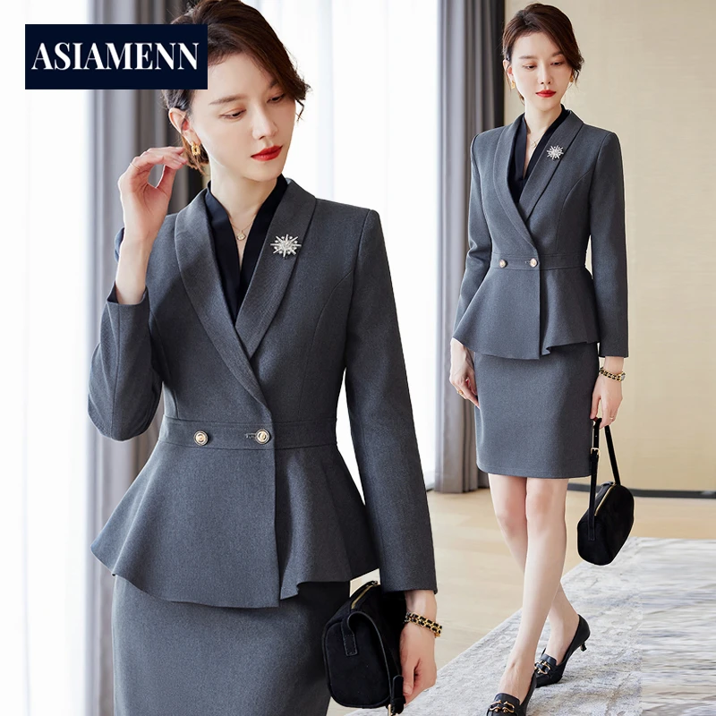 品牌灰色西装套装女秋冬季高端职业装套裙修身气质店长经理工作服
