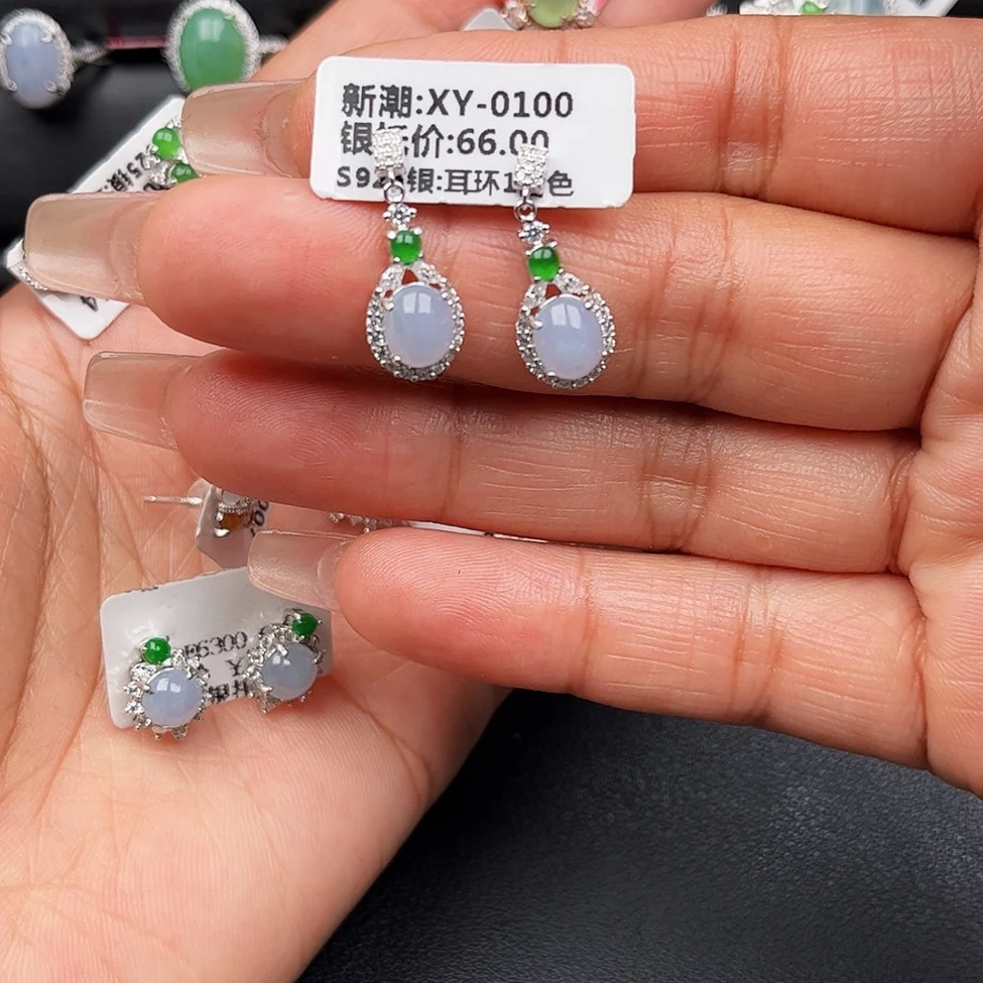 翡翠戒指银S925镶嵌缅甸天然A货翡翠耳钉