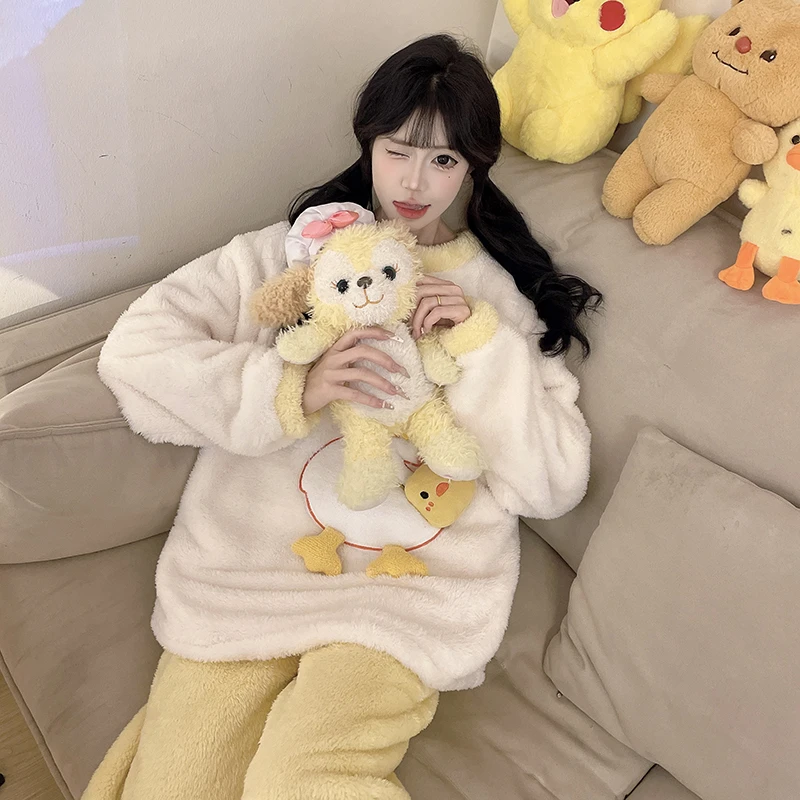 冬季新款卡通毛绒【小萌鸭】加绒加厚睡衣保暖可外穿家居服套装