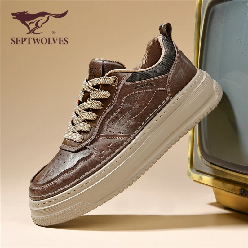 七匹狼正品男鞋2025秋季新款复古英伦商务板鞋男增高厚底休闲皮鞋