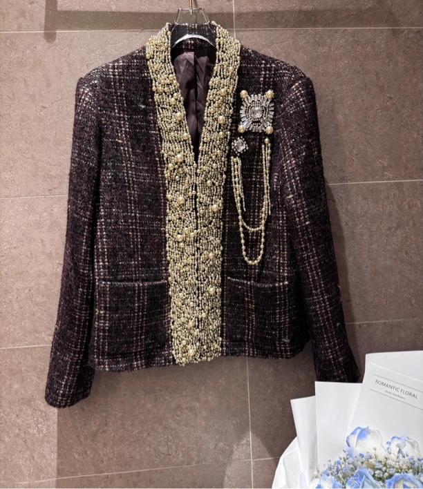 【魔都明珠】25冬季新款超重工纯手工钉珠小香风上衣外套进口高奢