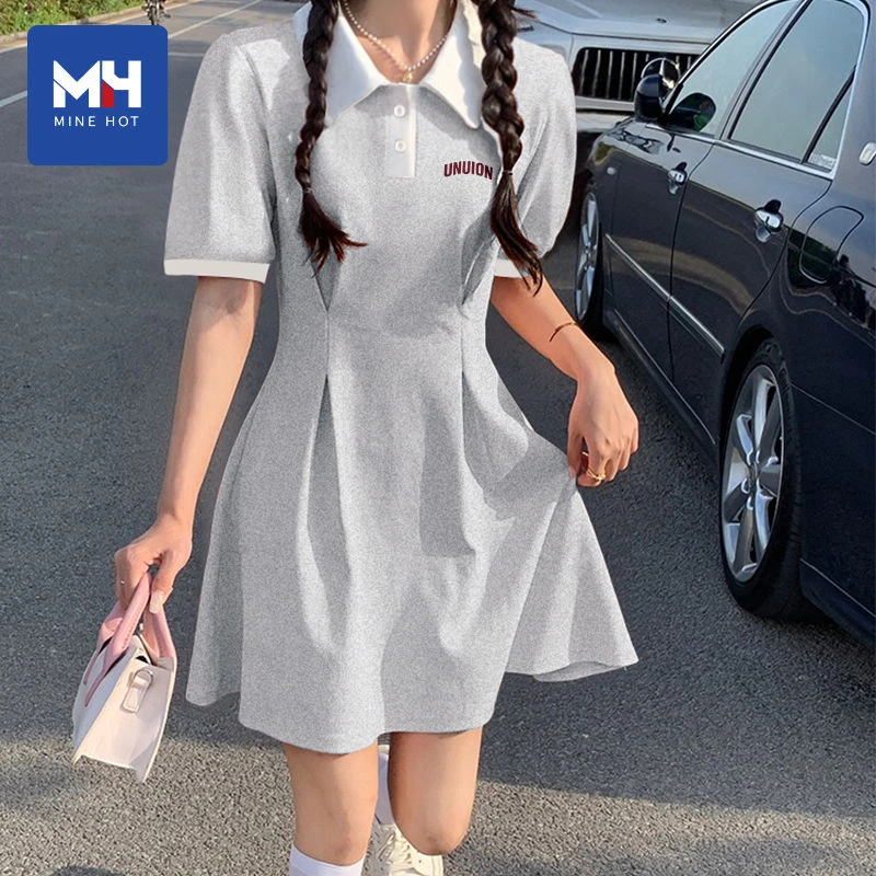 唐狮集团MH灰色polo领短袖t恤连衣裙女夏小个子气质收腰运动裙子