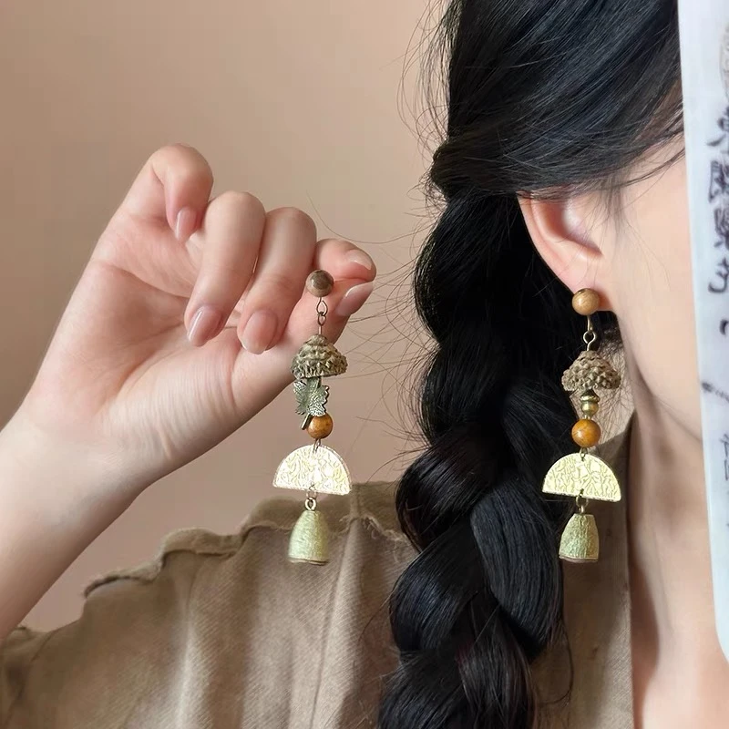 新中式森系植物橡果长款耳环女独特小众设计耳坠复古时尚耳夹耳饰