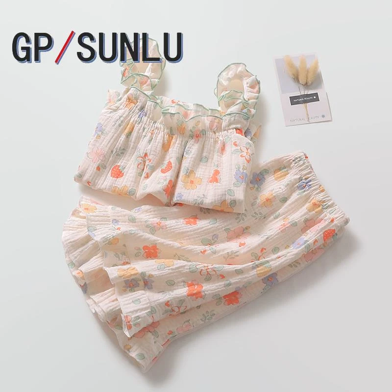 日本小众GP花边背心睡衣女棉质纱夏季宽肩带吊带短裤印花家居睡眠