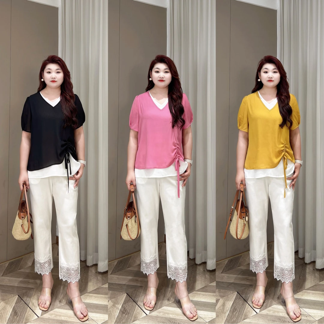 上衣PDM22091夏季新款抽绳捏褶撞色假两件T恤