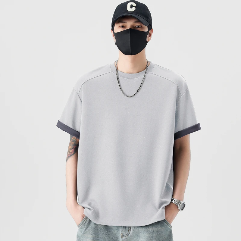 莫代尔双色t恤短袖T恤男夏季新款宽松百搭垂感调性体恤短袖男款