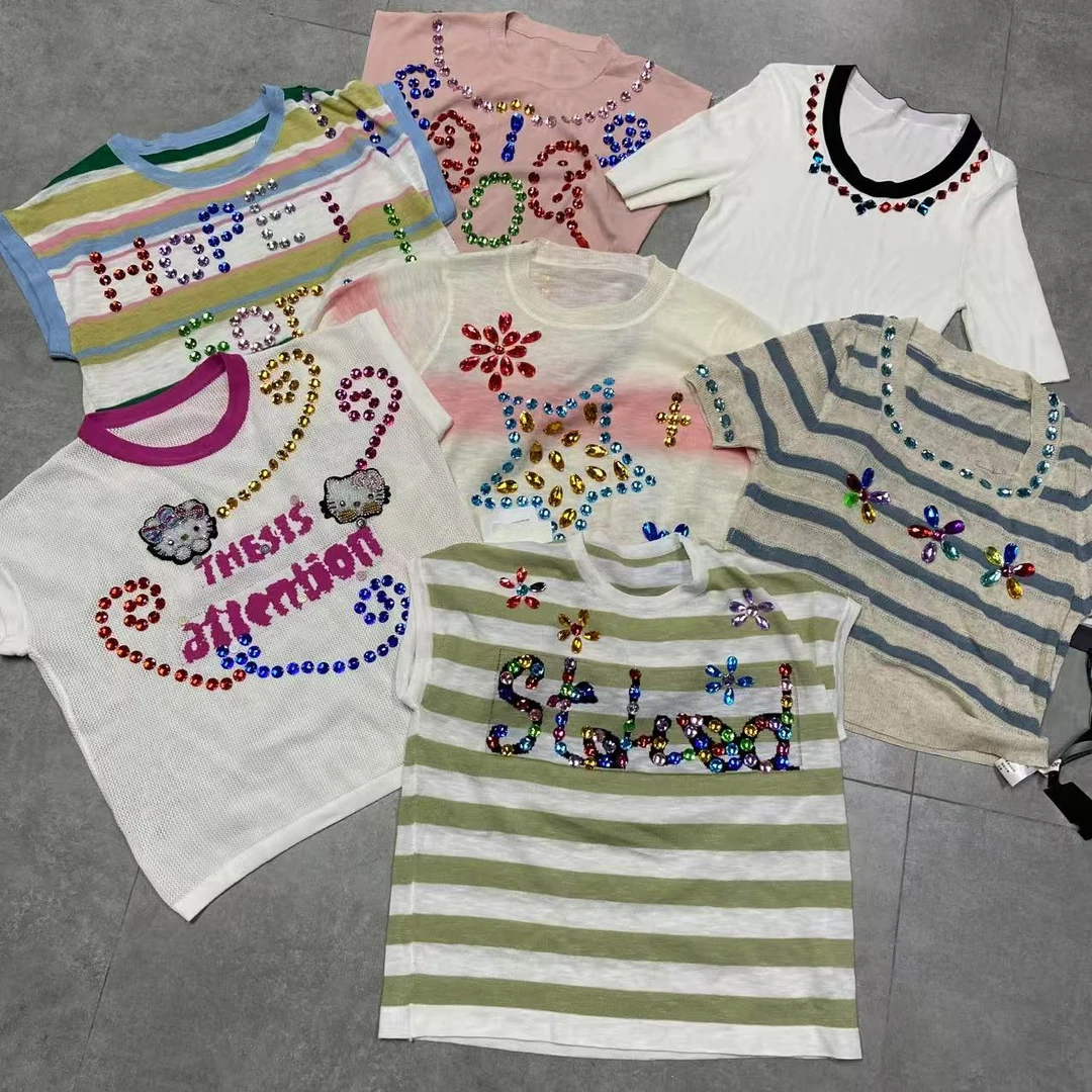 欧货潮牌重工钉珠新款百搭短袖T恤上衣 DZ250289