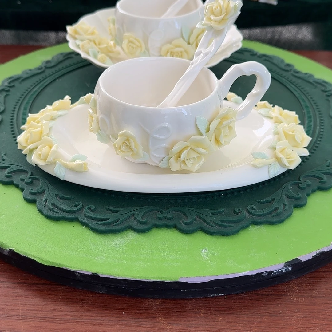 玫瑰花咖啡杯碟加勺子