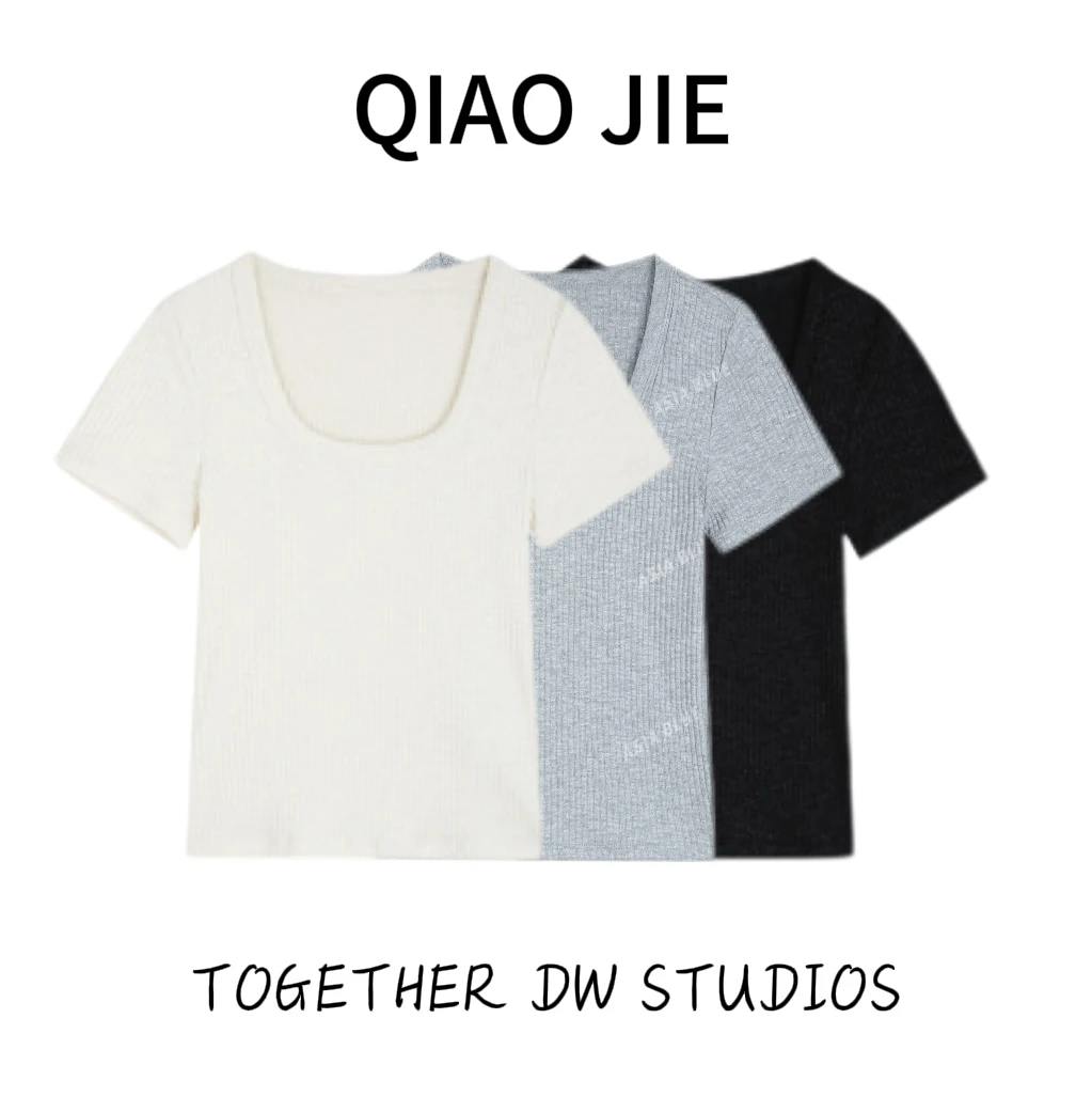 TOGETHER DW 【凌香】春季法式方领修身露骨针织衫短袖T恤W1796