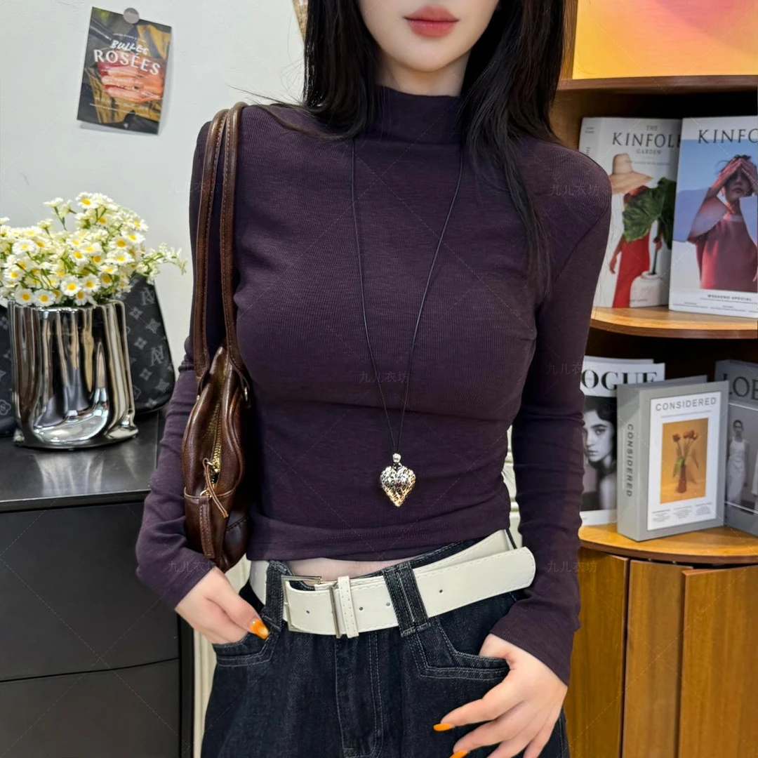 25半高领长袖T恤女时尚纯色韩版显瘦早秋打底衫内搭女上衣