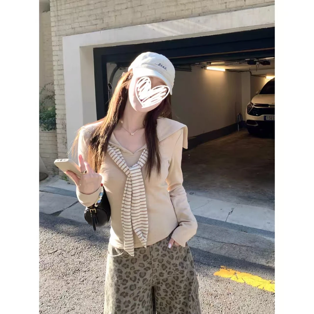 秋季新款长袖T恤小众学院风海军领假两件上衣女H375