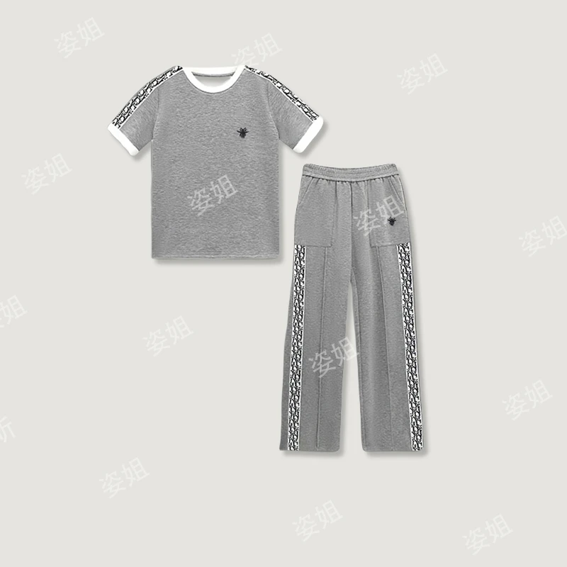 休闲运动时尚套装女夏季2025新款织带拼接短袖阔腿裤显瘦两件套女