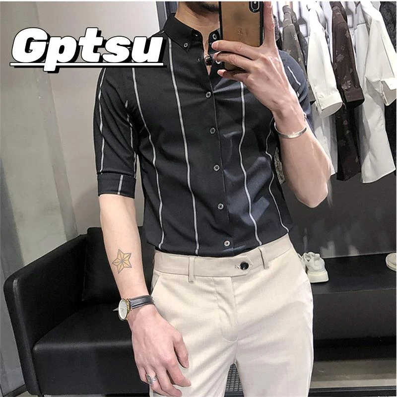 GPTSu夏高级感条纹衬衫男五分短袖商务休闲薄款免烫抗皱衬衣黑色
