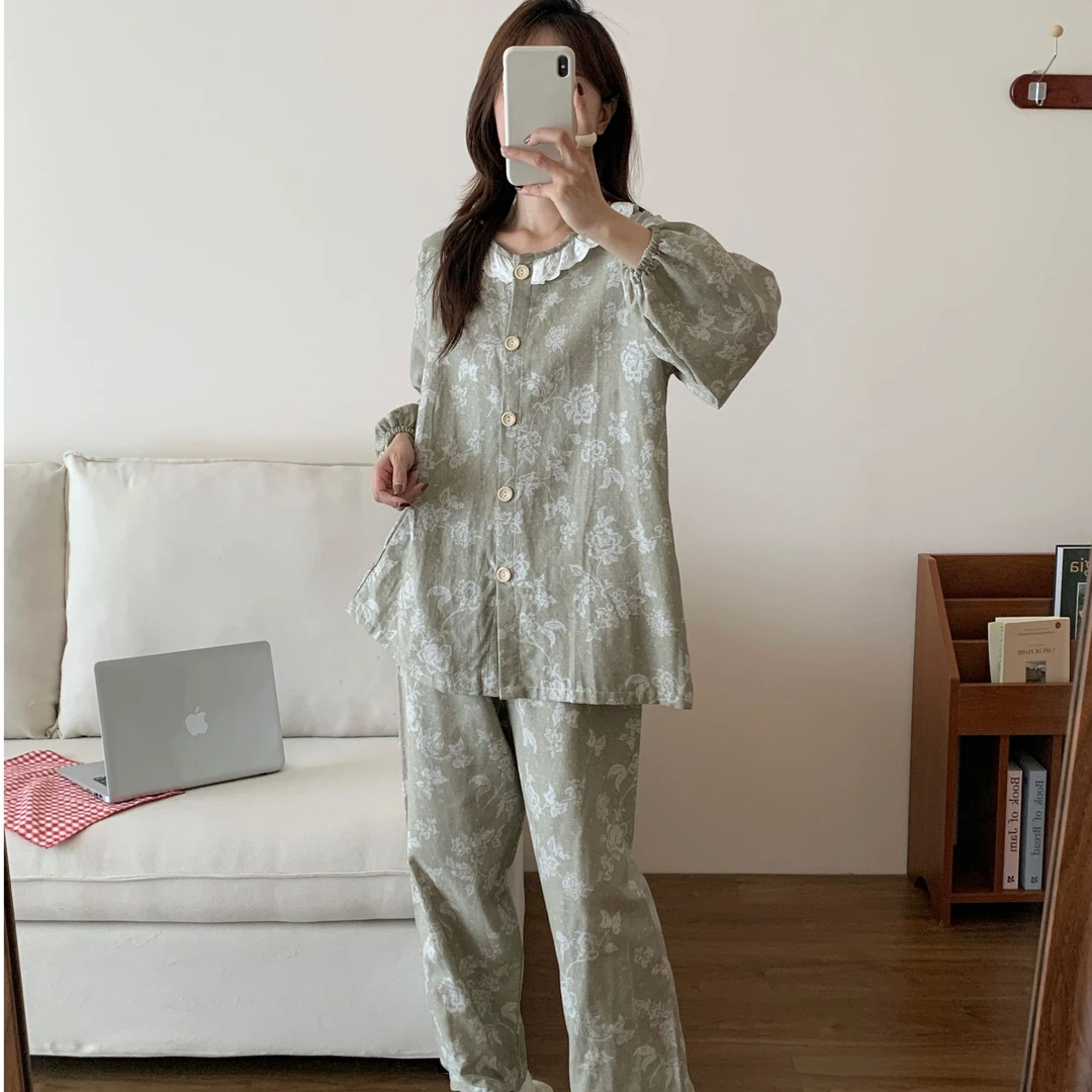 【长袖长裤花边款】睡衣女秋季甜美宽松慵懒双层纱开衫家居服套装