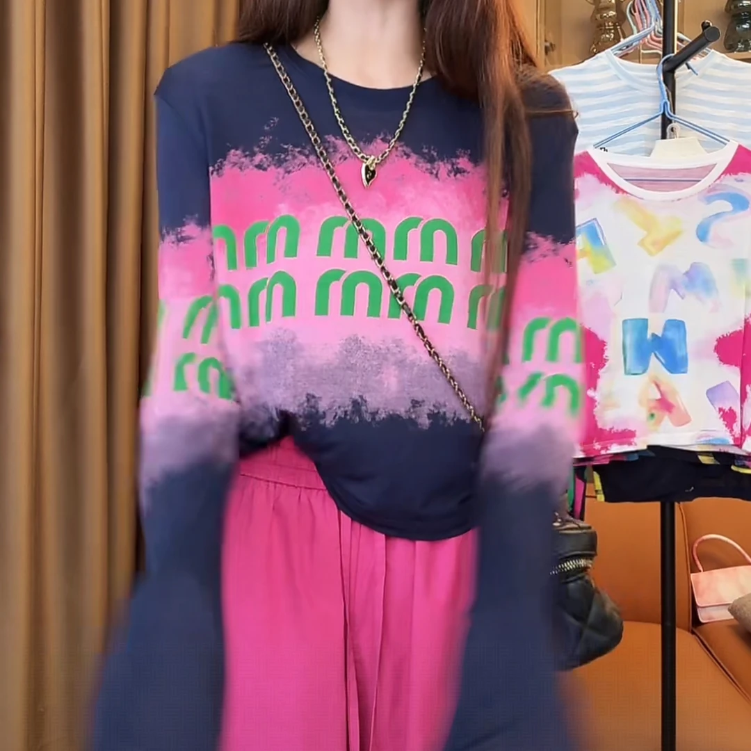 设计感字母印花防晒T恤女2025夏季新款薄款潮流韩版圆领长袖上衣