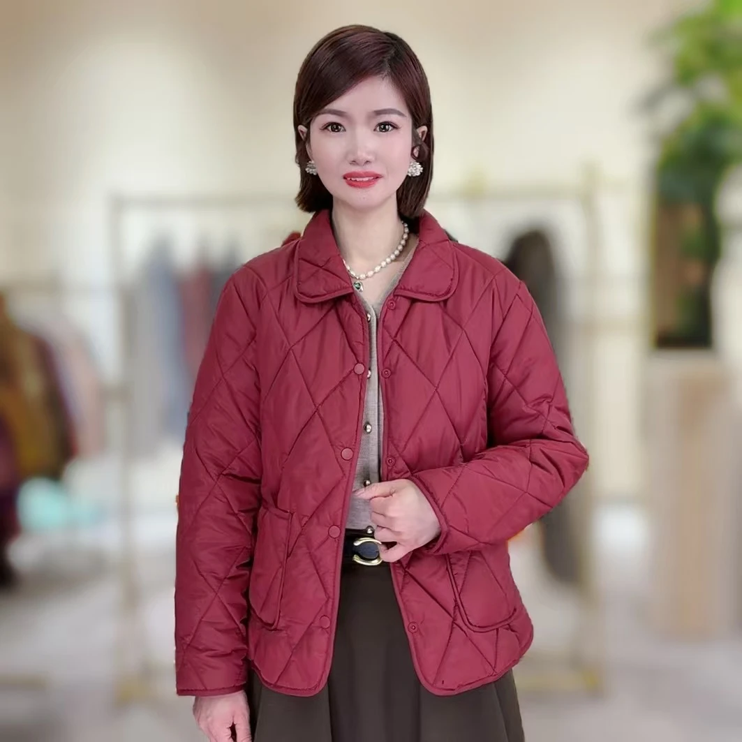 新款女士轻薄短款棉服外套轻职风春秋冬百搭气质纯色【大菱格翻领】