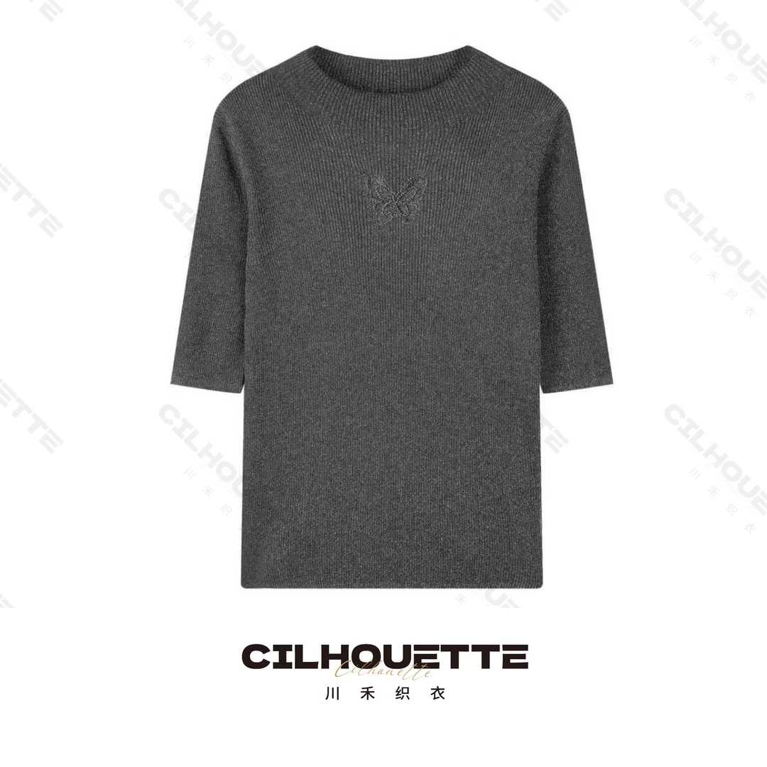 川禾织衣 早秋蝴蝶镂空烫钻五分袖打底100纯兰精天丝高端针织衫