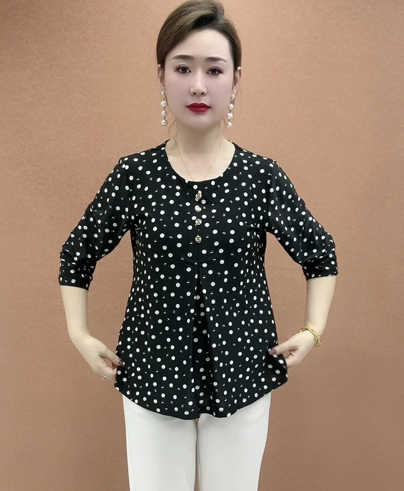 夏季新款印花中袖圆领时尚洋气修身减龄遮肉百搭中老年女士小衫