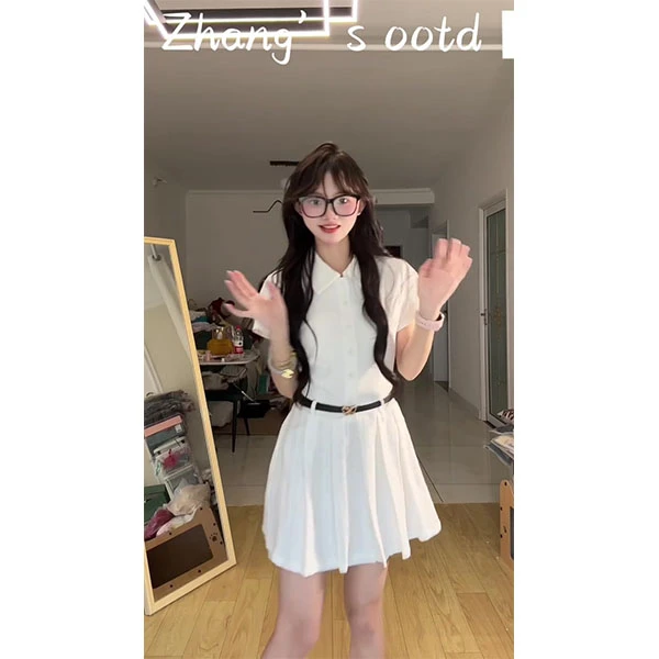 学院风白色短裙衬衫连衣裙子女夏季2025新款收腰法式高级感百褶裙