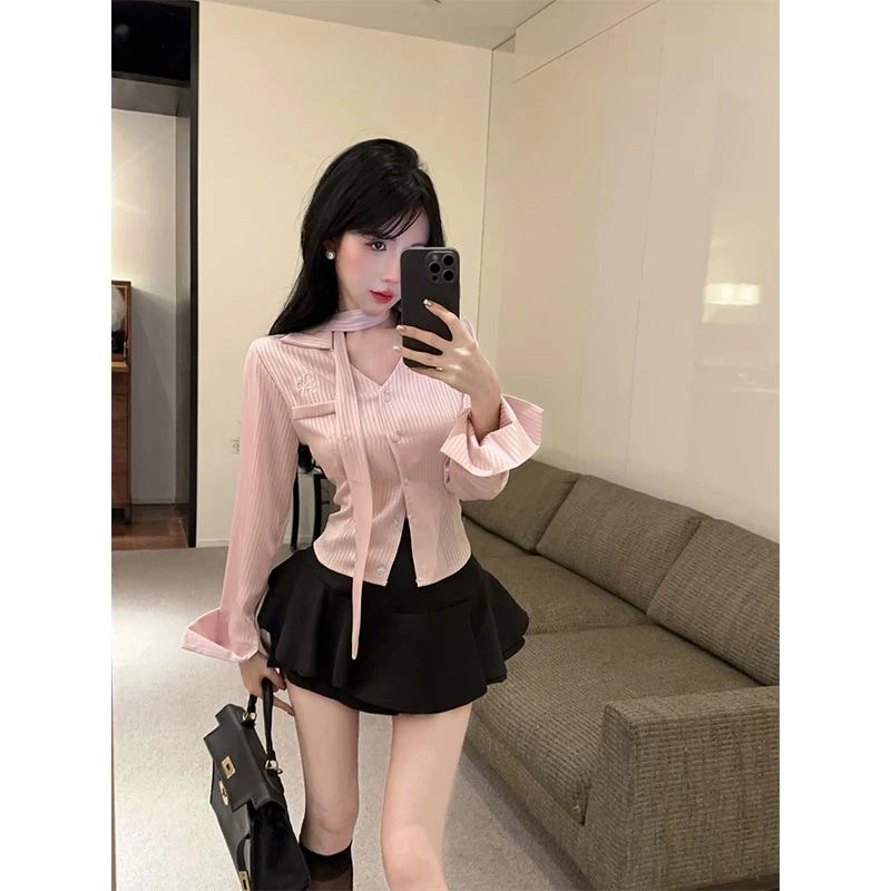2025秋季新款韩系设计收腰修身长袖条纹衬衫高腰蓬蓬半身裙两件套