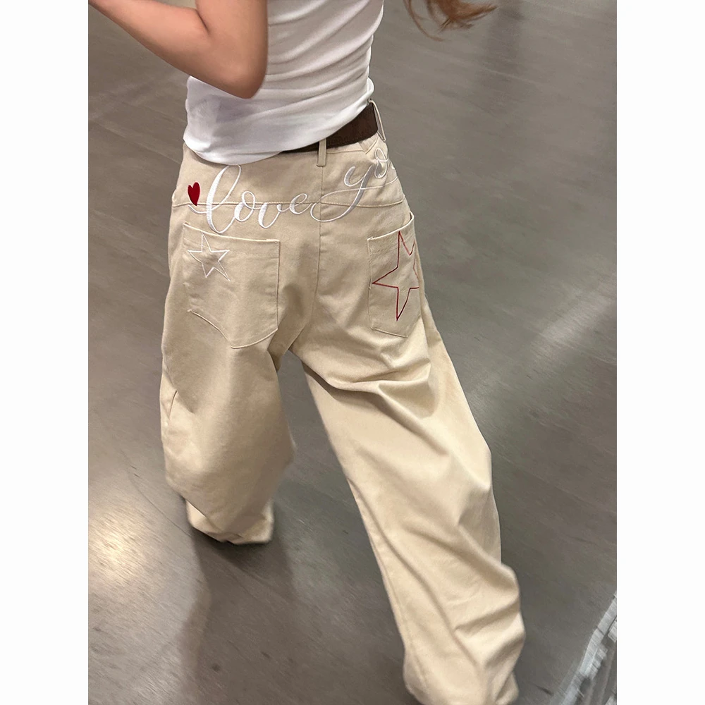 美式复古星星字母刺绣牛仔裤女秋季设计感街头直筒宽松阔腿牛仔裤