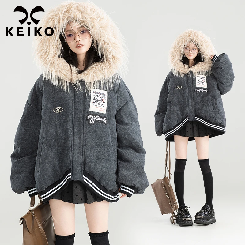 KEIKO 美式复古毛领连帽棉服加厚24冬季高级感泡芙面包服短款棉袄