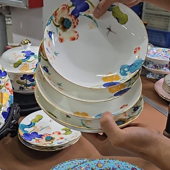 瓷片微瑕珐琅彩荷塘8寸4个高骨瓷深盘666666