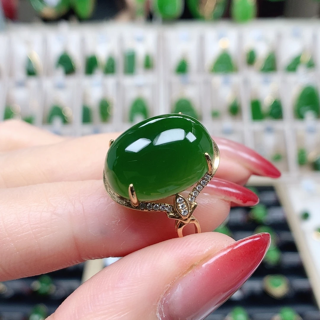 和田玉（碧玉）18K金镶嵌戒指1216
