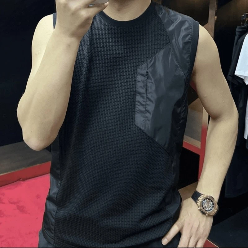 2025男士夏季无袖背心设计感拼接恤轻薄透气机能风弹力简约上衣