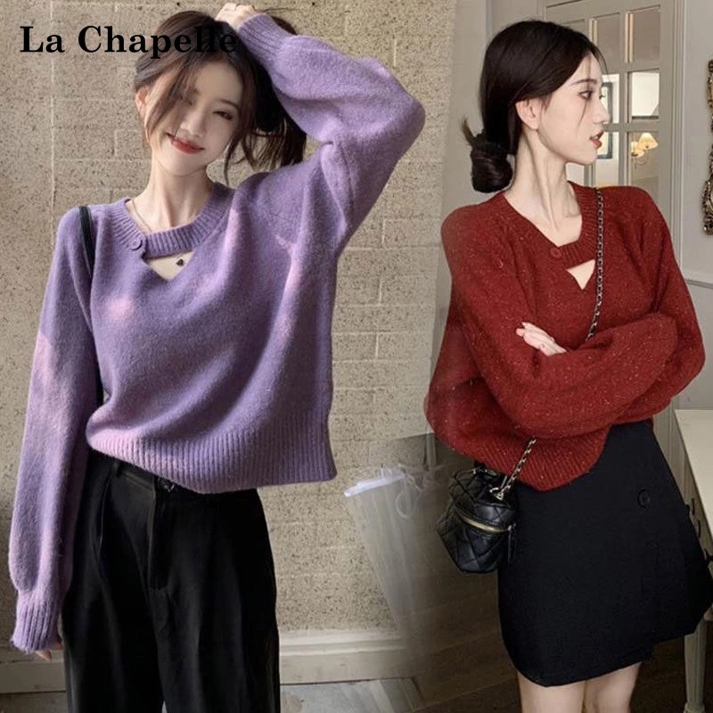 La Chapelle/拉夏贝尔慵懒风红色毛衣女装秋冬镂空针织衫宽松上衣