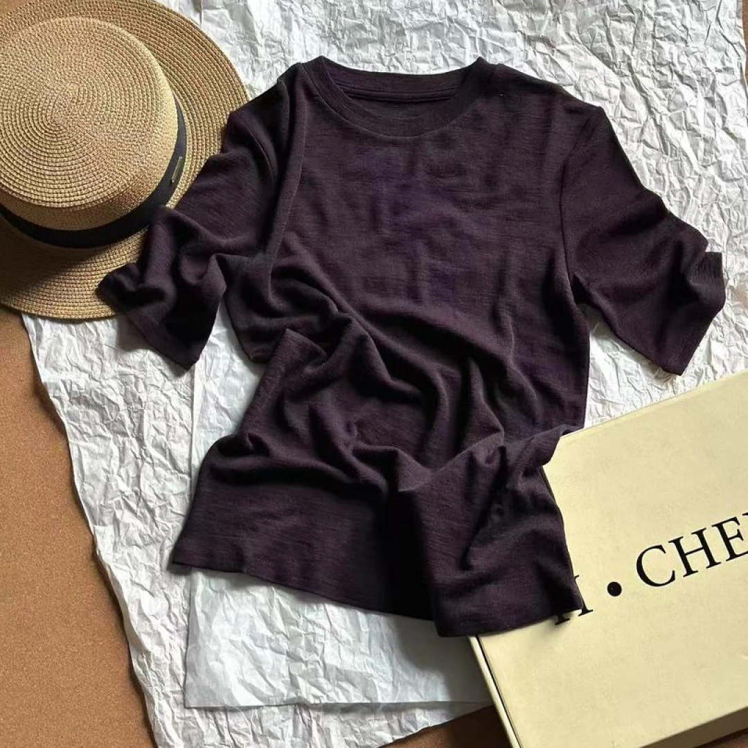 H.Chen-舒适柔糯羊毛极简风圆领百搭T恤中袖