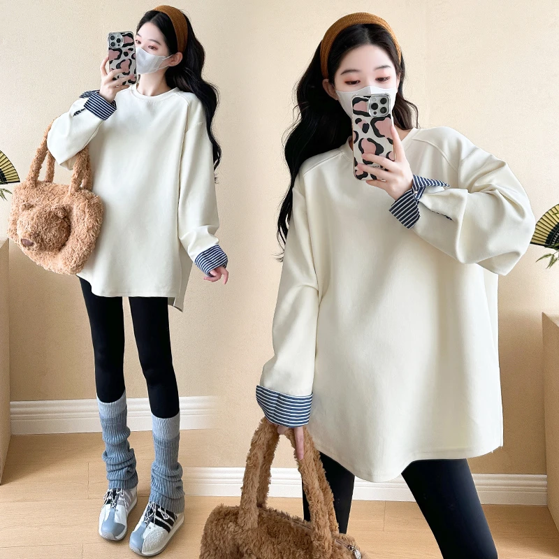 孕妇卫衣衬衫条纹袖拼接长袖T恤春装2025新款打底衫宽松上衣